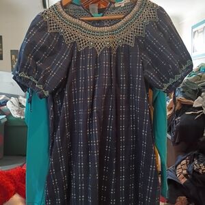 Blue Plaid Dress with Embroidered Details